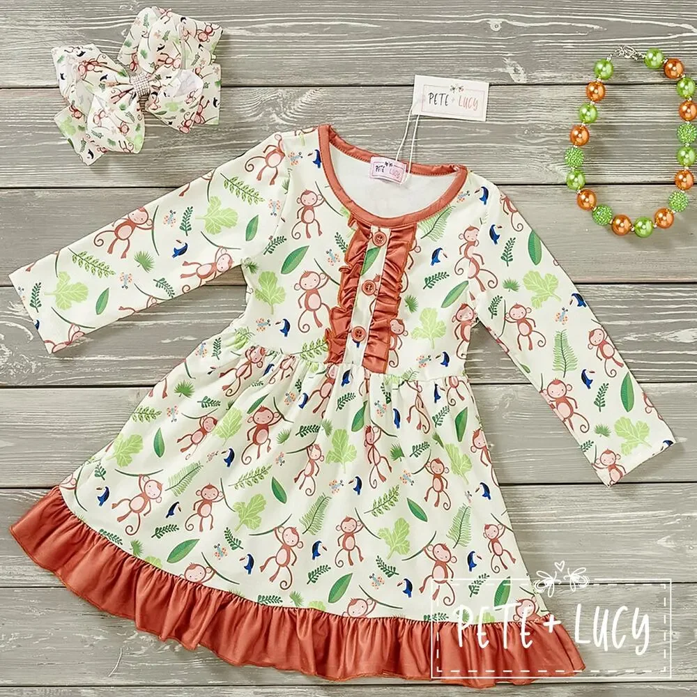 PETE + LUCY Cute Monkey Jungle Long Sleeve Ruffle Dress 7/8 NEW